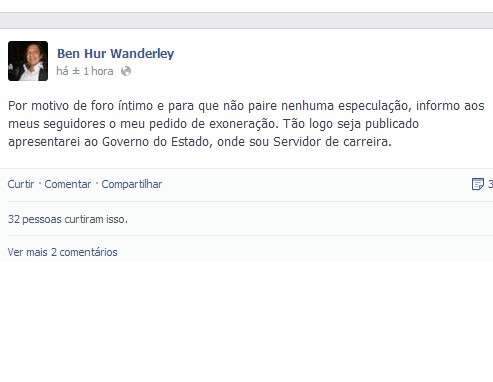 Ben Hur comunica no Facebook desligamento da equipe de Bernal