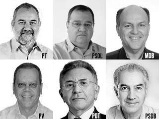 Os seis candidatos ao governo de MS em fotos do TSE. (Arte: Ricardo Oliveira)