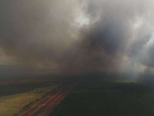 Inc&ecirc;ndio de grandes propor&ccedil;&otilde;es atinge fazenda de eucalipto na BR-262