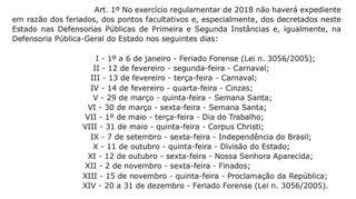 Lista de feriados e pontos facultativos da Defensoria.
Pública. (Foto: Reprodução Diário Oficial do Estado).