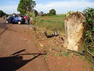 Motorista perdeu controle e Uno se chocou violentamente em toco de árvore. (Foto: Divulgação/Corpo de Bombeiros)