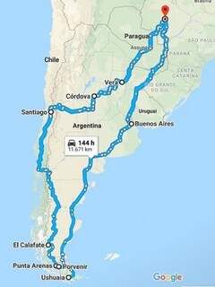 Mapa da viagem: 12 mil km em 28 dias.
