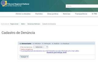 Página para cadastrar denúncias de crimes eleitorais no site do Tribunal Regional Eleitoral de Mato Grosso do Sul (Foto: TRE-MS)