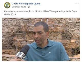 Publicação na página do Costa Rica, no Facebook, anunciando novo técnico (Foto: Reprodução/Facebook)