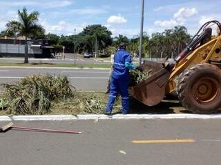 Trabalhador colocando resto de poda em trator (Foto: Divulgação/ Prefeitura)