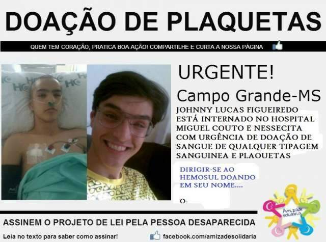 Jhony Lucas, que luta contra leucemia, precisa de doa&ccedil;&otilde;es de sangue