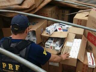 Policiais localizaram 175 mil maços de cigarro em caminhão com placas da Capital (Foto: Divulgação/PRF)