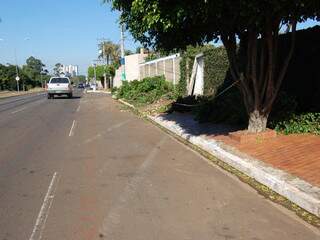 No asfalto ficaram marcas de frenagem. Na calçada, marcas da colisão. (Foto: Simão Nogueira)