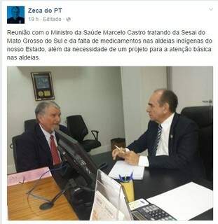Postagem no Facebook do deputado Zeca do PT em que ele foi recebido ontem pelo ministro da Saúde Marcelo Castro (Imagem: Reprodução/Facebook)