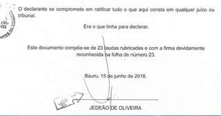 Documento assinado por Jedeão e com firma reconhecida em cartório de Bauru