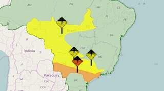 Inmet fez alerta de chuvas intensas na região amarelada e chuvas mais fortes na área alaranjada (Foto: Reprodução/Inmet)