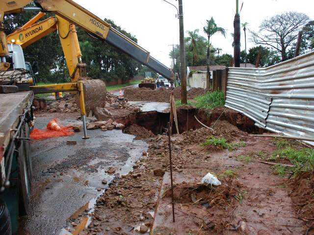 Chuva abre cratera em asfalto no Parque dos Laranjais