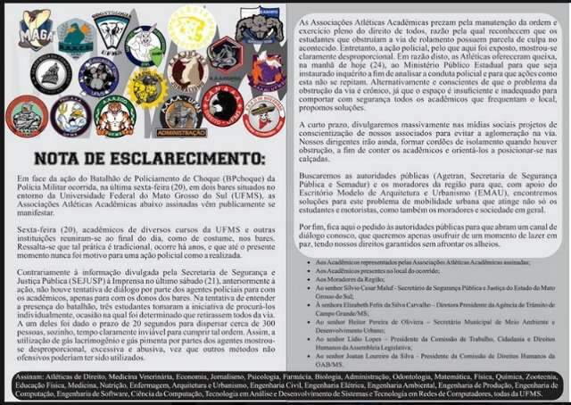 Estudantes da UFMS denunciam a&ccedil;&atilde;o da PM ao MPE e pregam &ldquo;mudan&ccedil;as&rdquo;