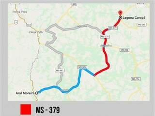 Parte do mapa de MS aponta ligação entre Laguna Carapã e Aral Moreira. A linha vermelha indica a rodovia MS-379. (Arte: Ricardo Oliveira).