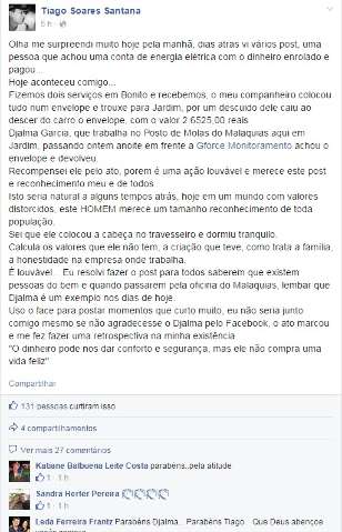 Mec&acirc;nico encontra R$ 2,6 mil dentro de pacote na rua e devolve ao dono