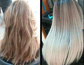 O antes e depois de um cabelo tratado no Studio Silvia Dias.