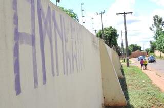 Muro completamente pichado na Rua Santa Quitéria. (Foto: Alcides Neto)