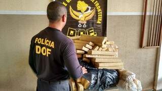 Policial do DOF observa maconha apreendida na noite desta quinta-feira na MS-162 em Dourados (Foto: Divulgação/DOF)