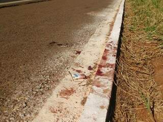 Marcas de sangue da vítima que ficaram sobre o meio-fio nas margens da BR-262. (Foto: Adriano Fernandes) 