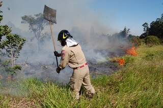 Bombeiro usa abafador para controlar incêndio. (Foto: Simão Nogueira)