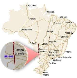 Mapa mostra rodovia que vai a leilão em Mato Grosso do Sul. 