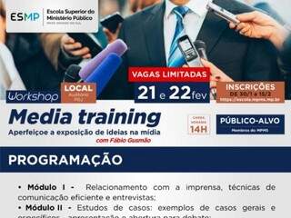 Panfleto virtual divulga curso de media training. 