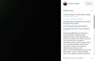 Munhoz postou uma imagem toda preta e na legenda a palavra &quot;tristeza&quot;. (Foto: Reprodução/ Instagram)