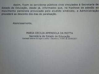 Comunicado enviado às escolas estaduais ontem. (Foto: Reprodução)