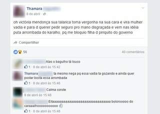 Postagem no facebook mostra ameaça de Thamara contra a vítima (Foto: reprodução/Facebook)