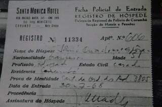 Registro de entrada no hotel, no dia 30 de julho de 1968. (Foto: Marcos Ermínio)
