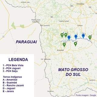 Mapa com a localização das hidrelétricas e das aldeias afetadas por elas. (Foto: MPE/MS)