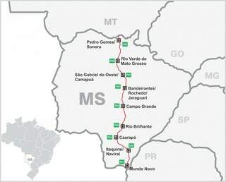 Imagem mostra distribuição de postos de pedágios em MS. (Foto: Reprodução/ANTT)