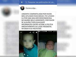 Família postou fotos do menino para tentar localizar criança. (Foto: Reprodução Facebook)