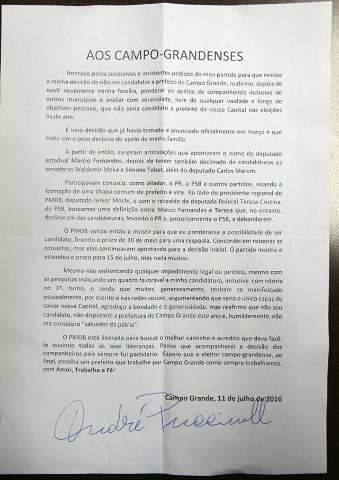 Em carta, Andr&eacute; confirma que n&atilde;o disputar&aacute; Prefeitura de Campo Grande