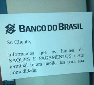 Banco do Brasil colocou informativo para os clientes sobre ampliação de limite (Foto: Lucimar Couto)