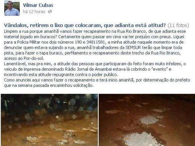 Secret&aacute;rio chama de v&acirc;ndalos moradores que improvisaram tapa buraco