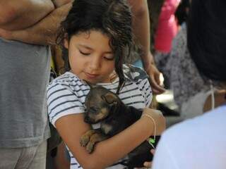 Criança com cachorrinho resgatado e colocado para adoção no CCZ (Foto: Paulo Francis)