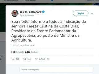 Vai Twitter, Bolsonaro confirmou indicação de nova ministra. (Imagem: Reprodução)