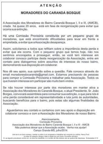 Para reativar associa&ccedil;&atilde;o, moradores do Carand&aacute; pedem participa&ccedil;&atilde;o de vizinhos