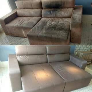 Antes e depois de um sofá higienizado pela Stof Clean.