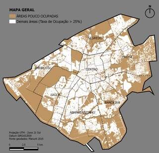 Áreas marrons correspondem às regiões com menos de 25% de ocupação na cidade. (Foto: Relatório UFMS)