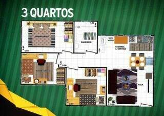 Planta do apartamento de 3 quartos.