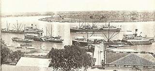 Porto de Corumbá, 1910: transporte de cargas e passageiros na única rota de ligação com o resto do País e outros continentes, o Rio Paraguai