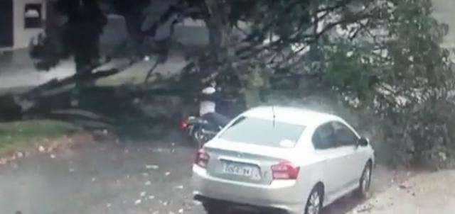 Ventos fortes derrubam &aacute;rvore em cima de motociclista em movimento
