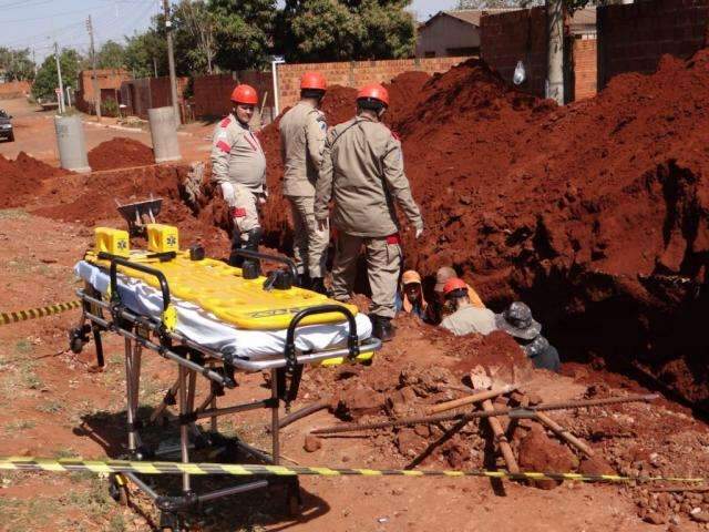 Desmoronamento de terra soterra trabalhador em obra de drenagem