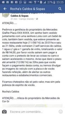 No 'dia da pendura', casal em Mercedes d&aacute; calote de R$ 94 em restaurante