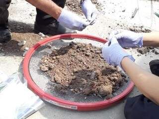 Perícia busca restos mortais de vítima em terra sob concreto. (Foto: PCMS/Divulgação)