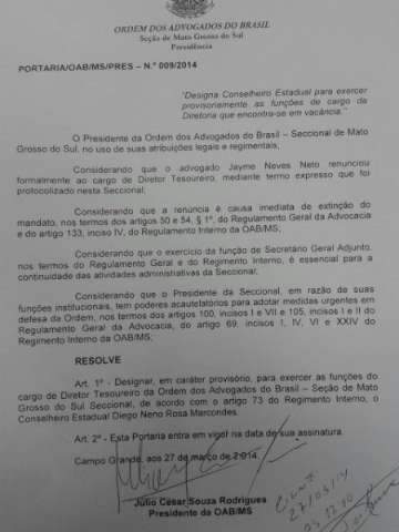 J&uacute;lio Cesar nomeia quatro diretores &quot;bi&ocirc;nicos&quot; para a OAB-MS