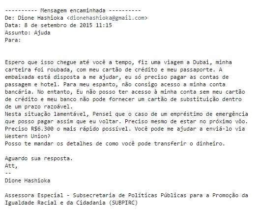 Estelionat&aacute;rio usa e-mail de ex-deputada estadual para pedir R$ 6,3 mil