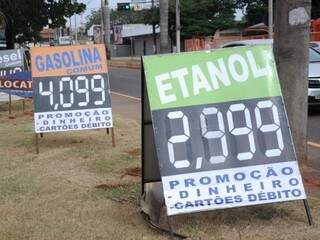 Valores do etanol e gasolina em canteiro perto de posto de combustíveis (Foto: Paulo Francis)